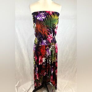 Beautiful tropical floral print smocked strapless maxi dress size medium